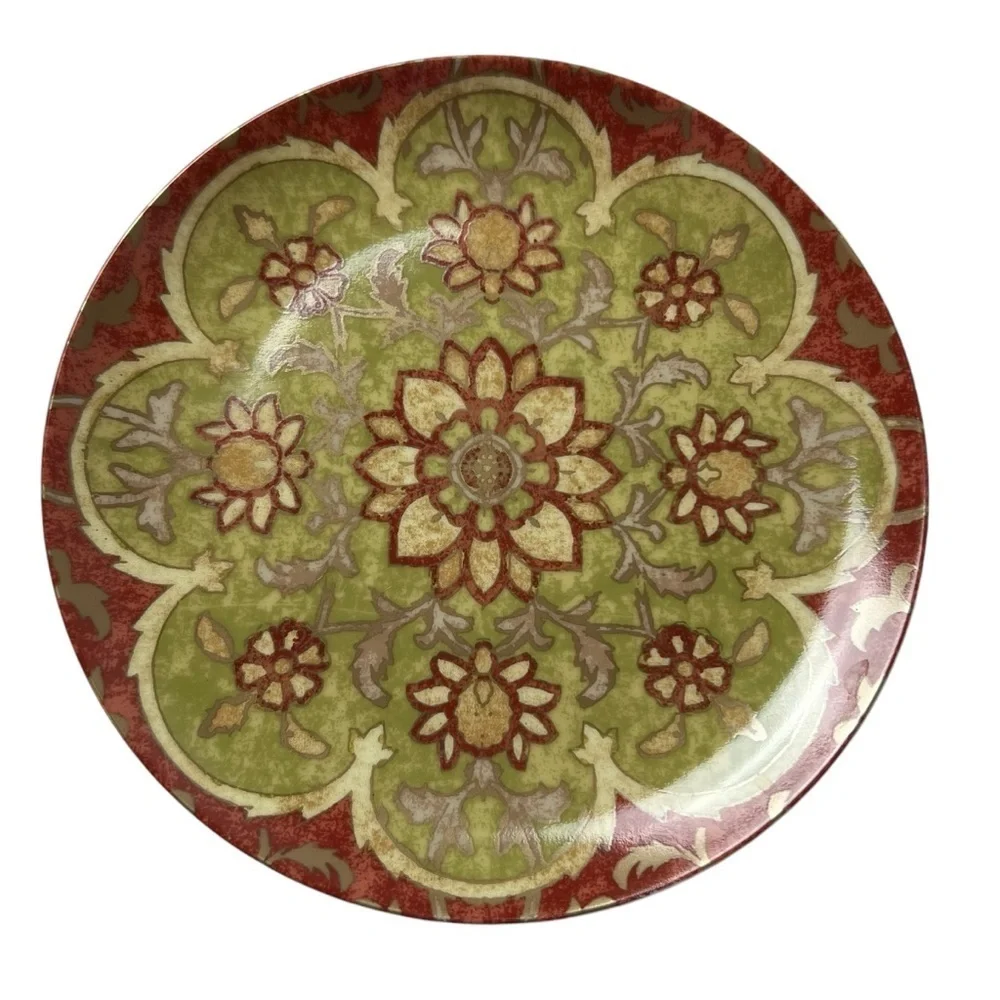 Pottery Barn Red & Sage Green Floral Plates 7” Dessert Salad Tuscan Set of 4